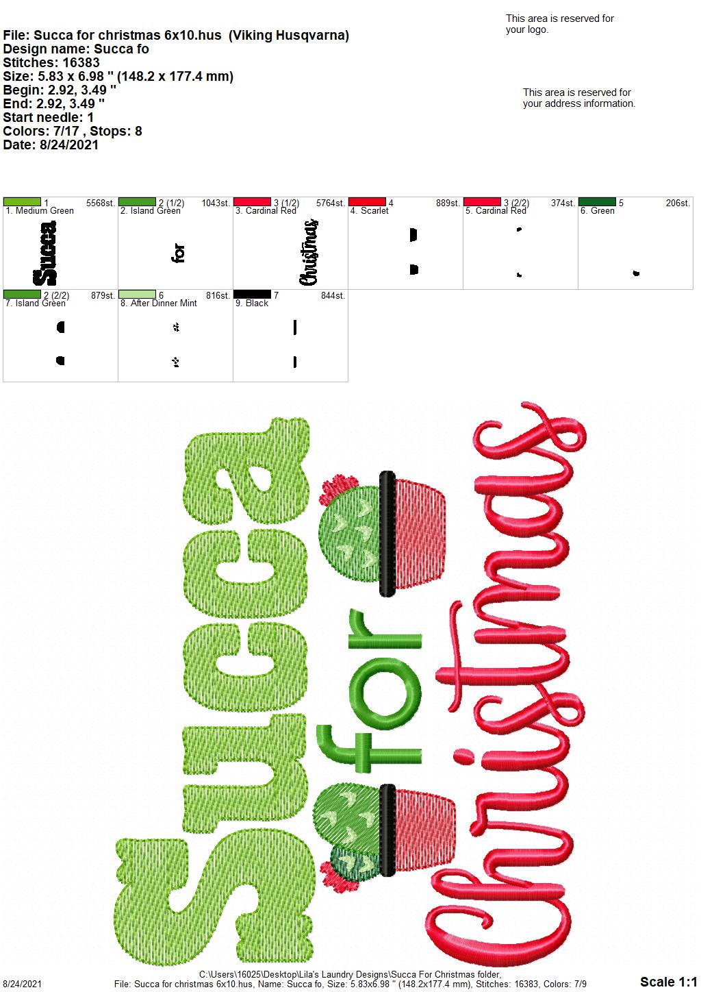 Succa for Christmas - 3 sizes- Digital Embroidery Design