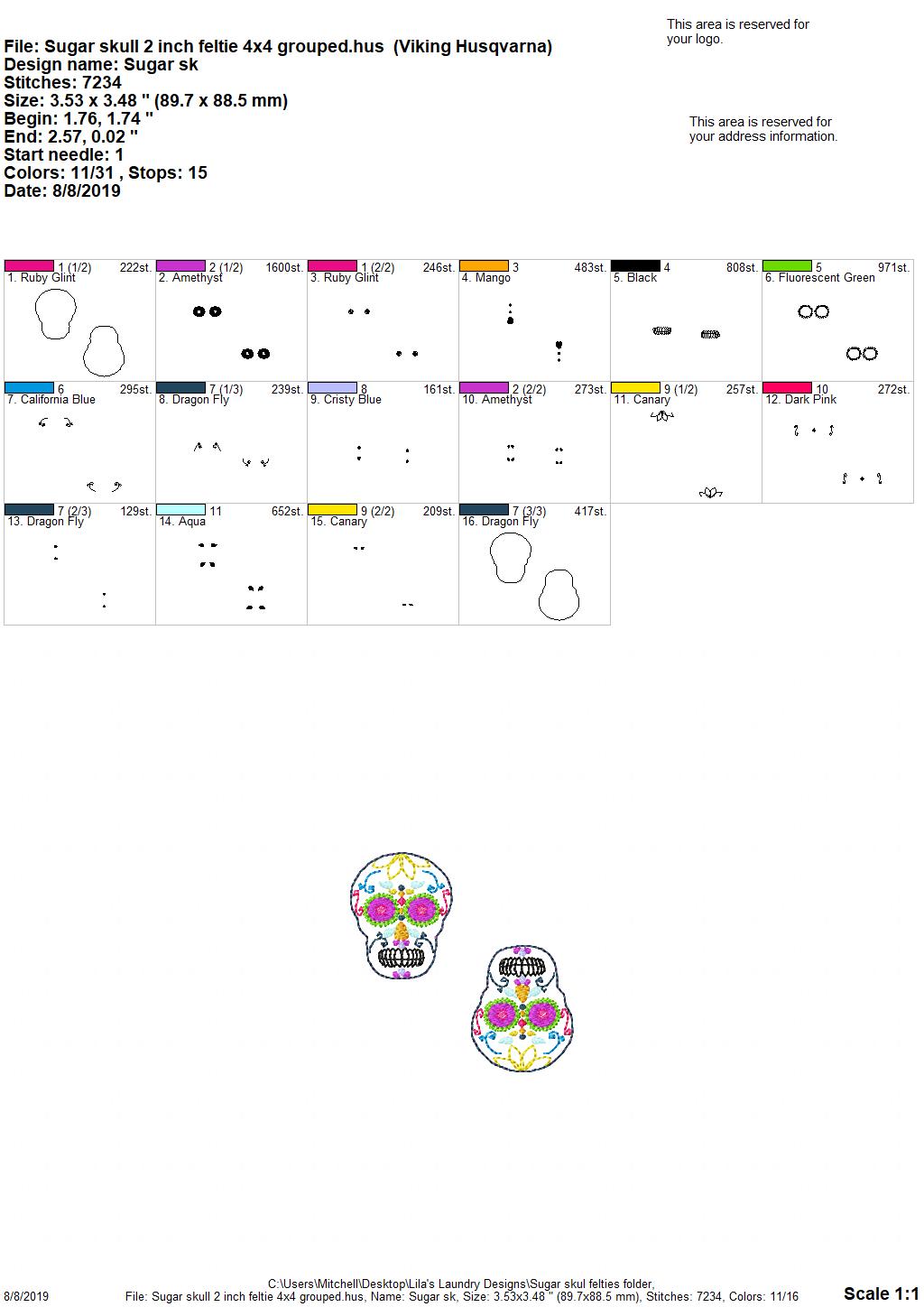 Sugar Skull Felties - 3 sizes- Digital Embroidery Design