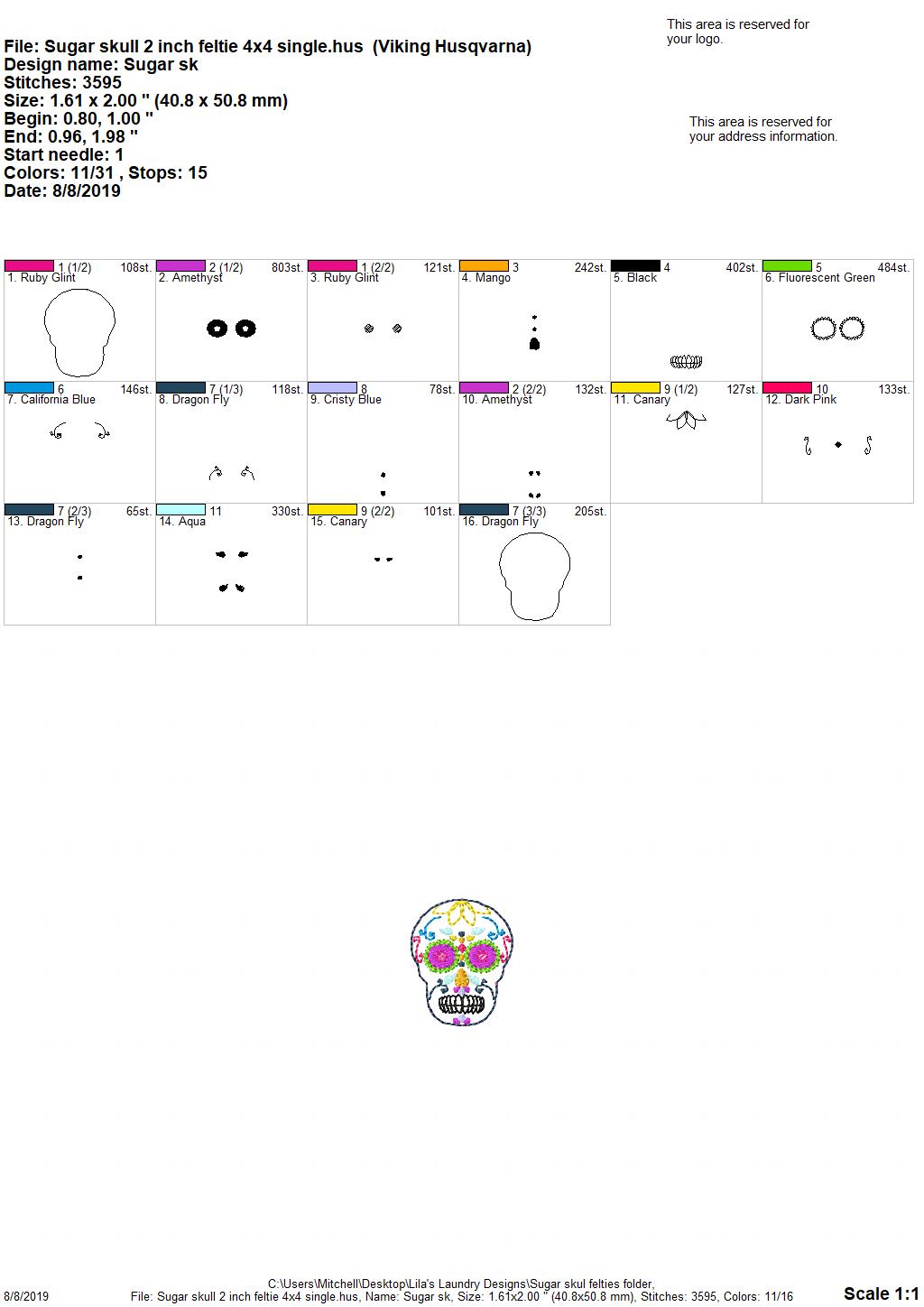 Sugar Skull Felties - 3 sizes- Digital Embroidery Design