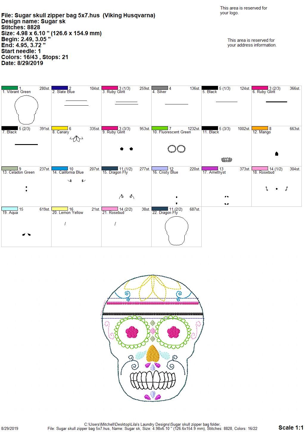 Sugar Skull Zipper Bag - 3 sizes - Digital Embroidery Design