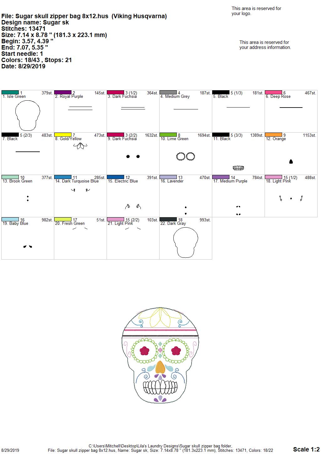 Sugar Skull Zipper Bag - 3 sizes - Digital Embroidery Design