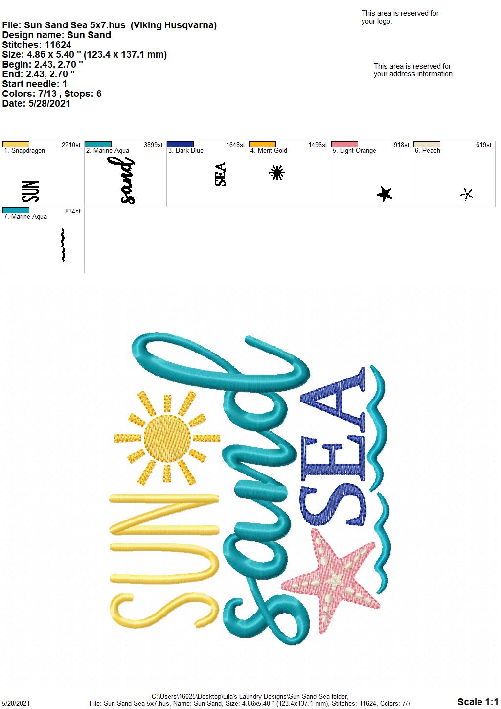 Sun Sand Sea - 4 sizes- Digital Embroidery Design