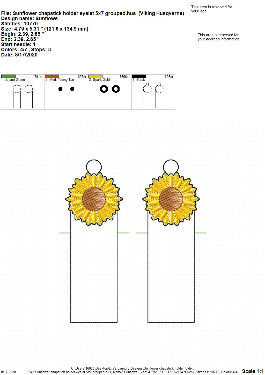 Sunflower Lip Balm Holders 5x7 - DIGITAL Embroidery DESIGN