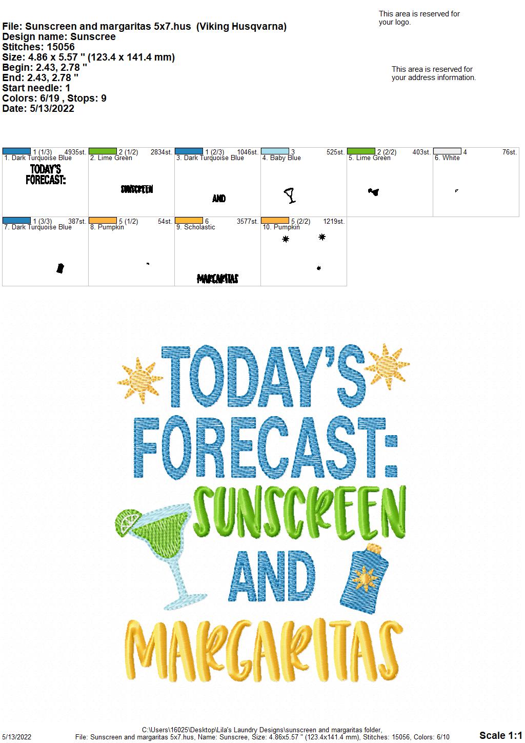 Sunscreen And Margaritas - 3 sizes- Digital Embroidery Design