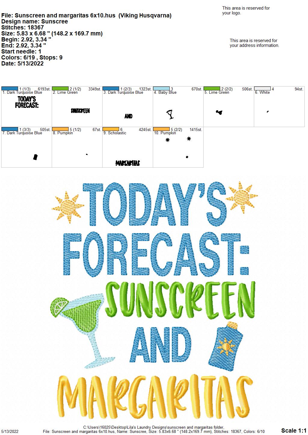 Sunscreen And Margaritas - 3 sizes- Digital Embroidery Design