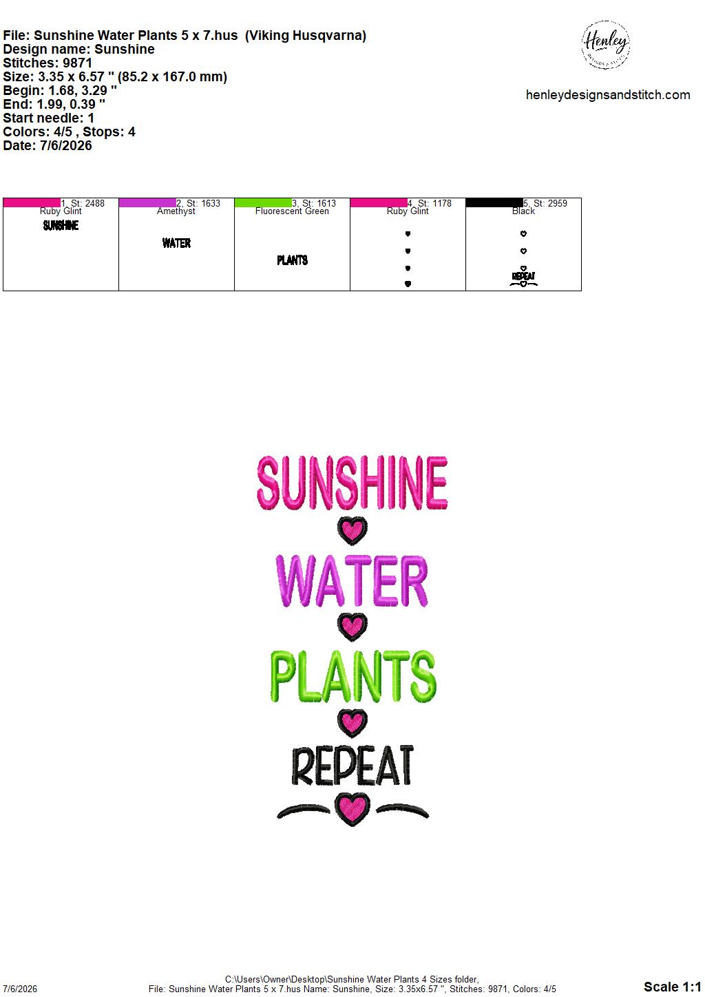 Sunshine Water Plants Repeat – 4 x 4, 5 x 7, 6 x 10 and 8 x 12 – DIGITAL Embroidery Design