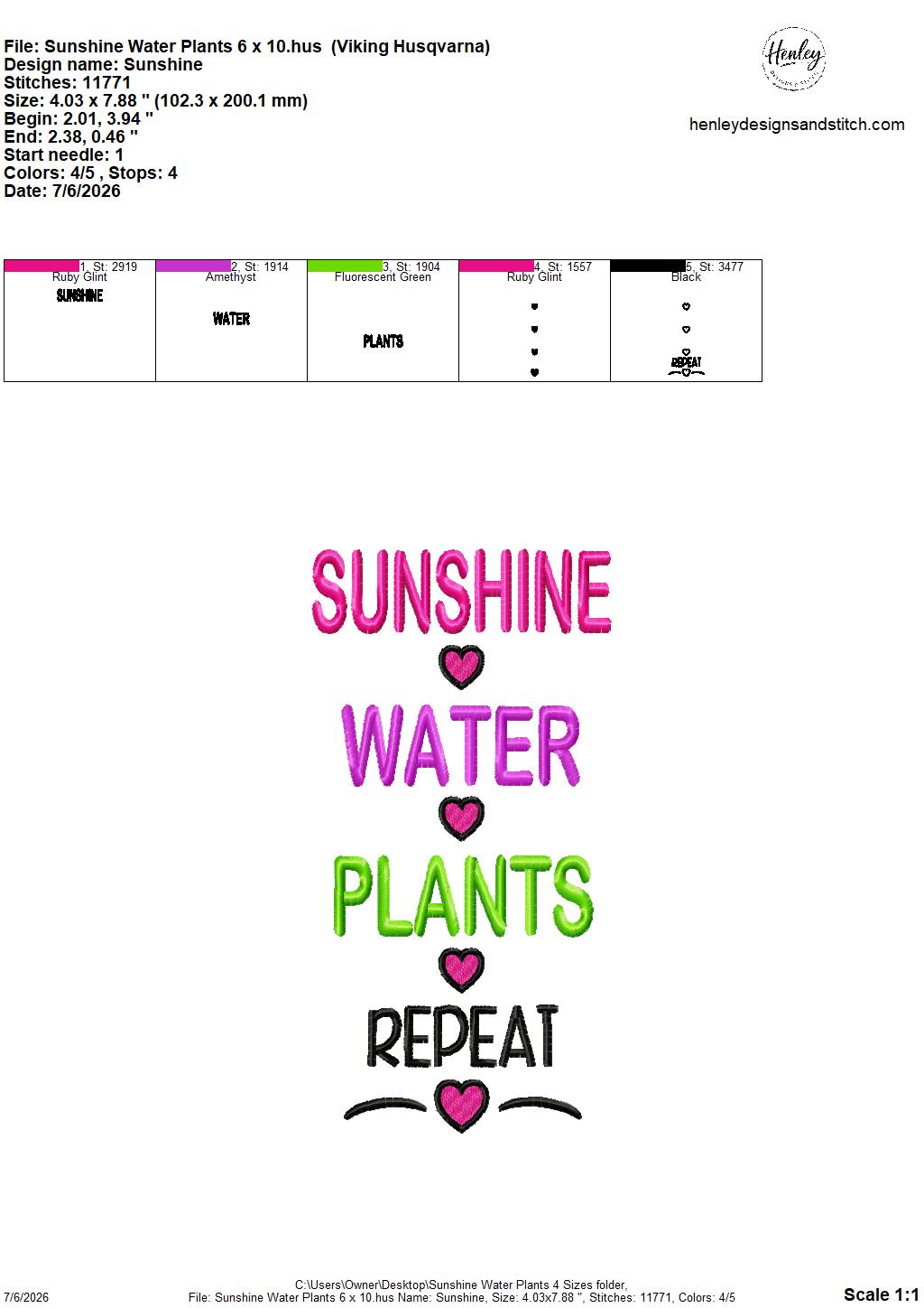 Sunshine Water Plants Repeat – 4 x 4, 5 x 7, 6 x 10 and 8 x 12 – DIGITAL Embroidery Design