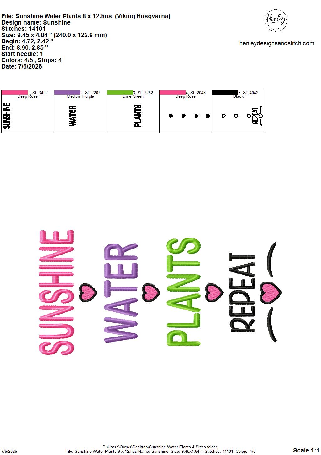 Sunshine Water Plants Repeat – 4 x 4, 5 x 7, 6 x 10 and 8 x 12 – DIGITAL Embroidery Design