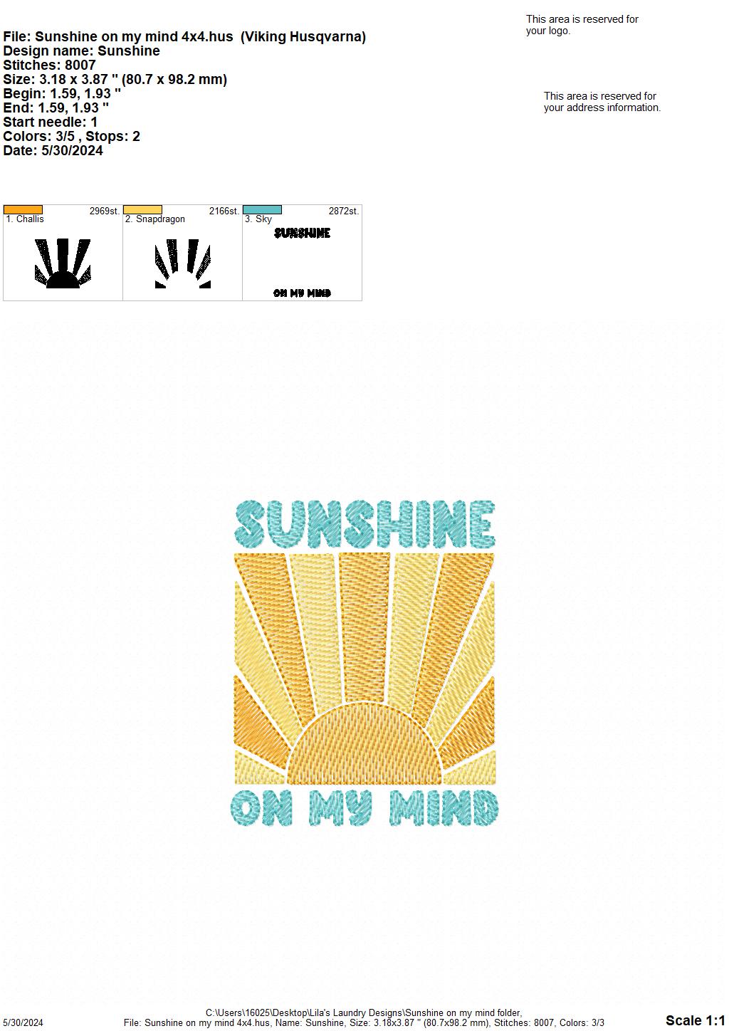 Sunshine on my Mind - 4 Sizes - Digital Embroidery Design