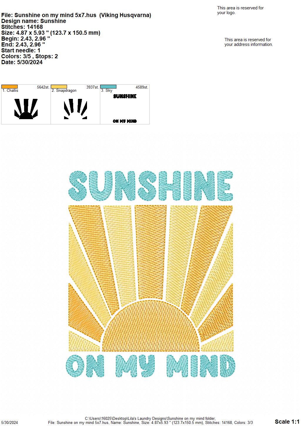 Sunshine on my Mind - 4 Sizes - Digital Embroidery Design
