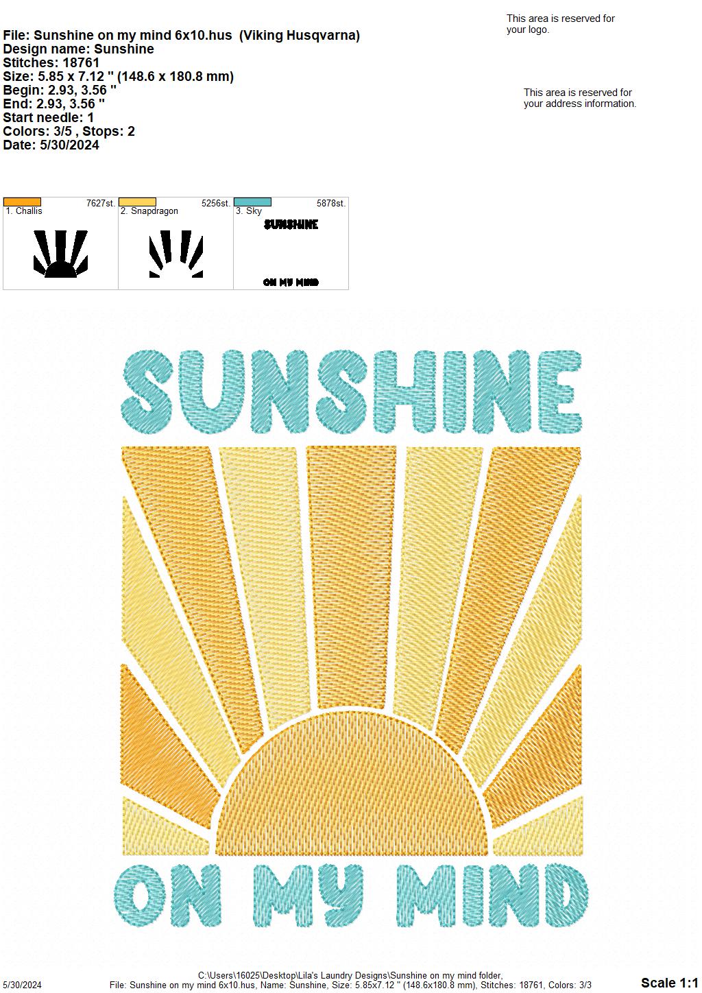 Sunshine on my Mind - 4 Sizes - Digital Embroidery Design