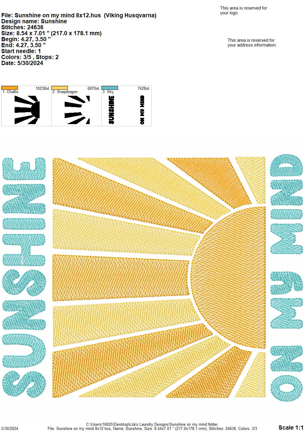 Sunshine on my Mind - 4 Sizes - Digital Embroidery Design