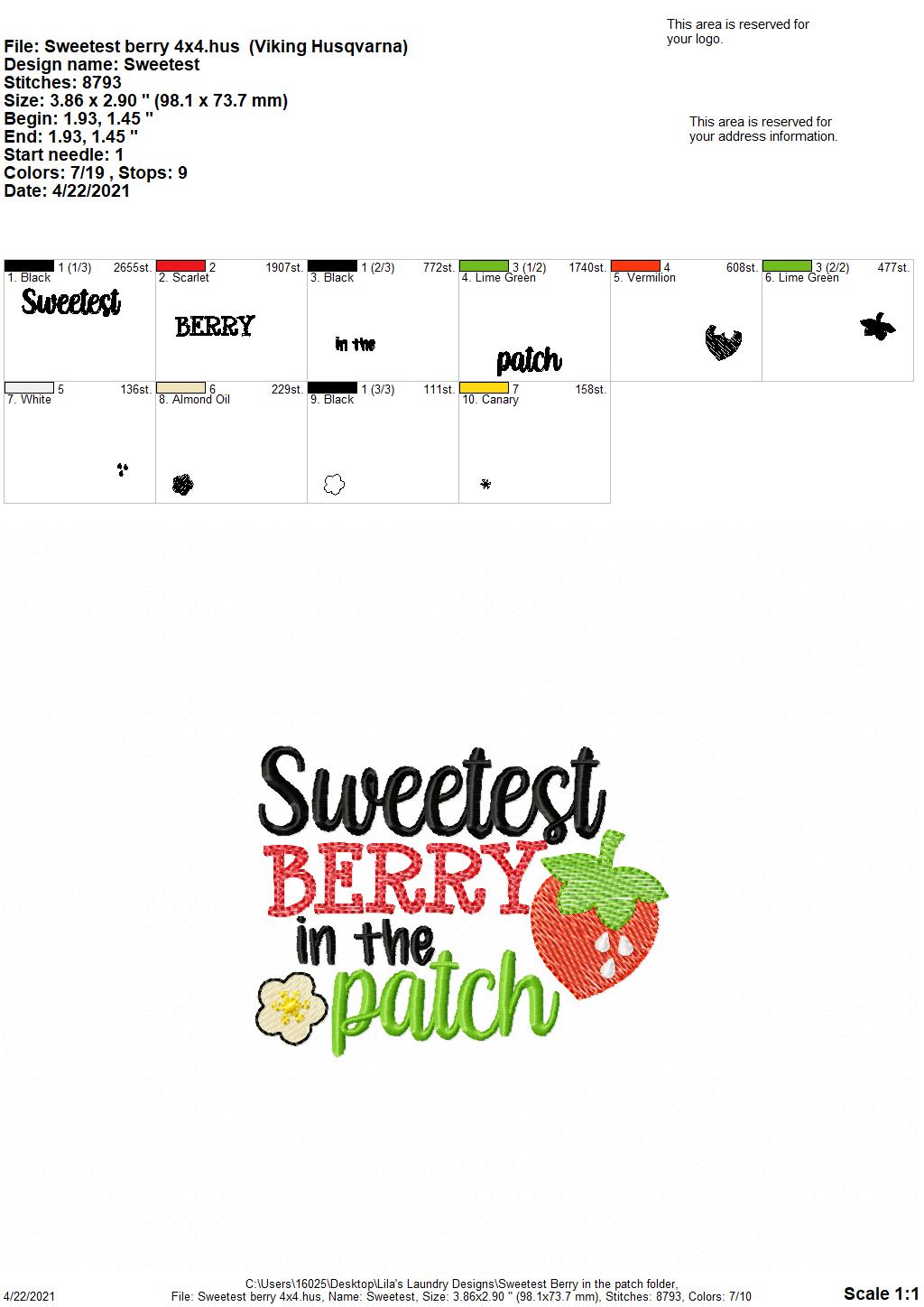 Sweetest Berry in the Patch - 4 sizes- Digital Embroidery Design