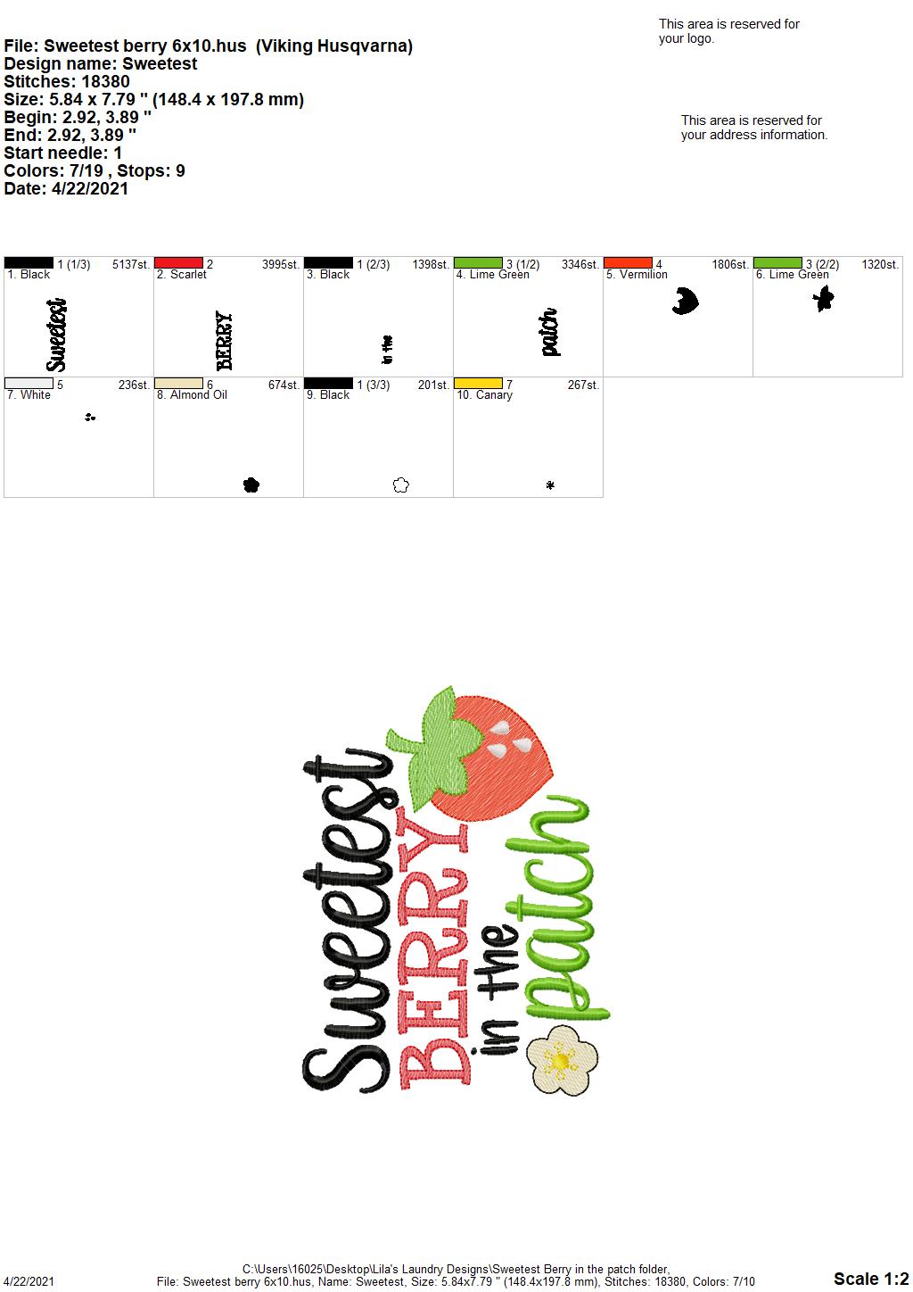 Sweetest Berry in the Patch - 4 sizes- Digital Embroidery Design