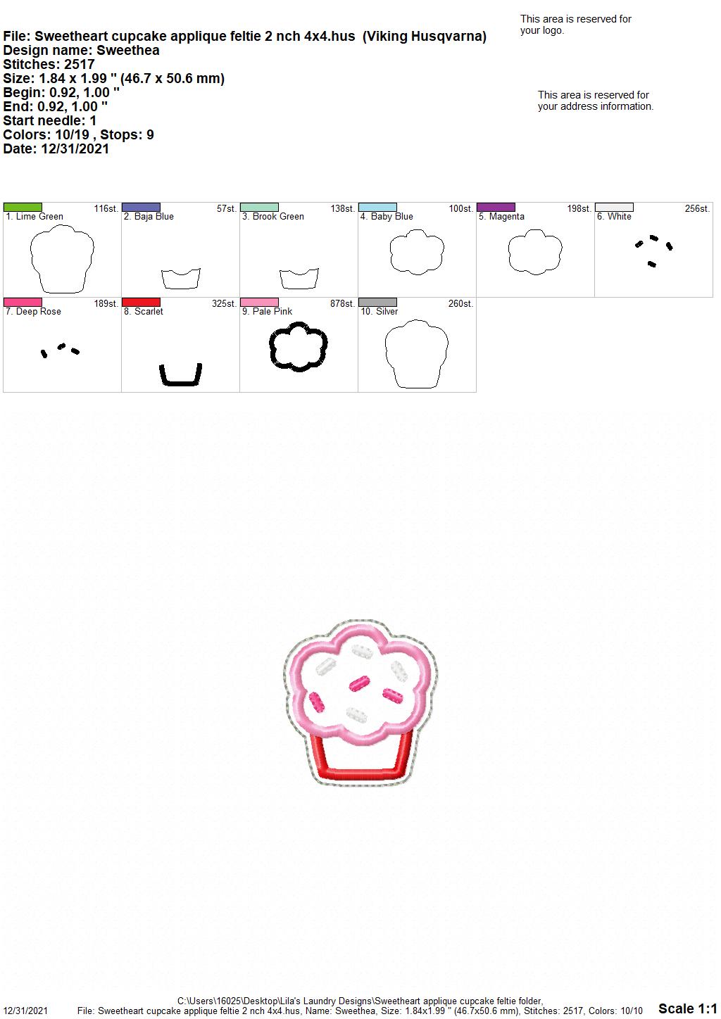 Sweetheart Applique Cupcake Feltie - Digital Embroidery Design