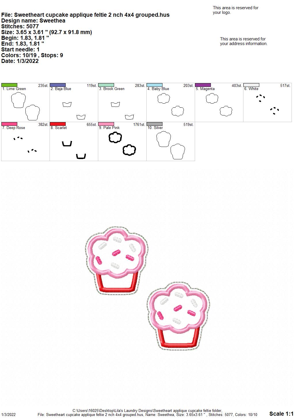 Sweetheart Applique Cupcake Feltie - Digital Embroidery Design