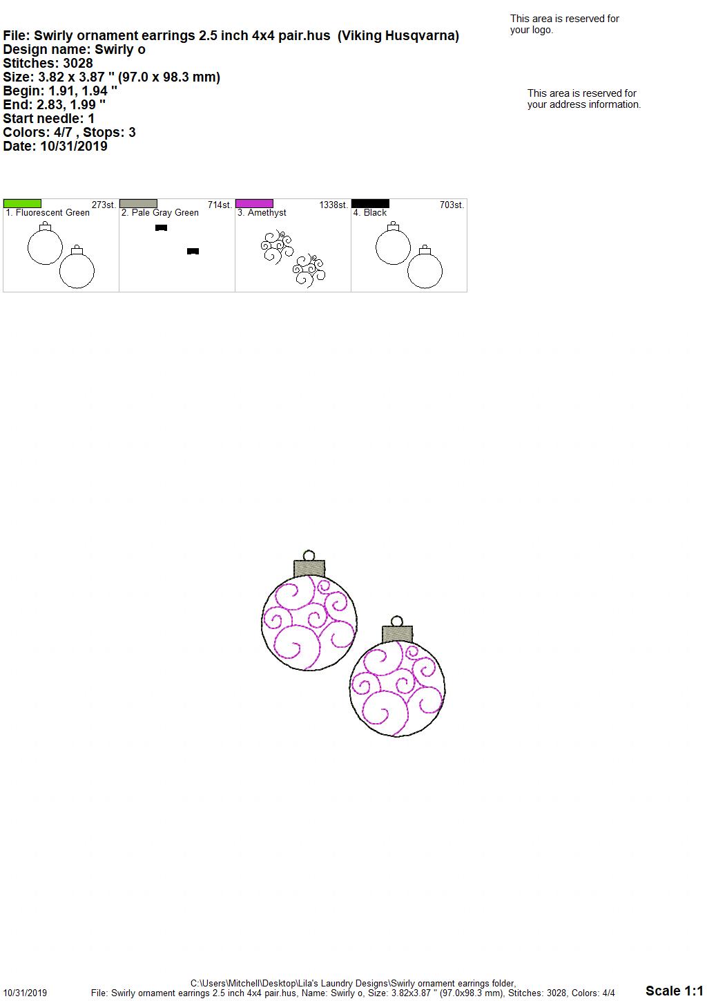 Swirly Ornament Earrings - 3 sizes - Digital Embroidery Design