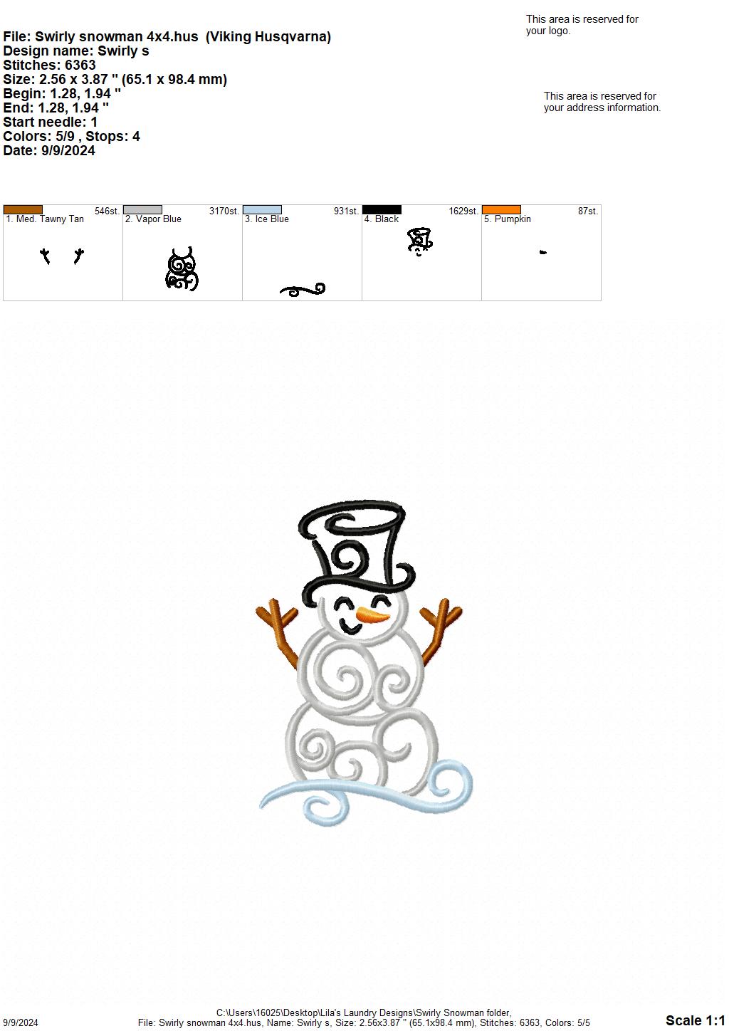 Swirly Snowman - 4 Sizes - Digital Embroidery Design