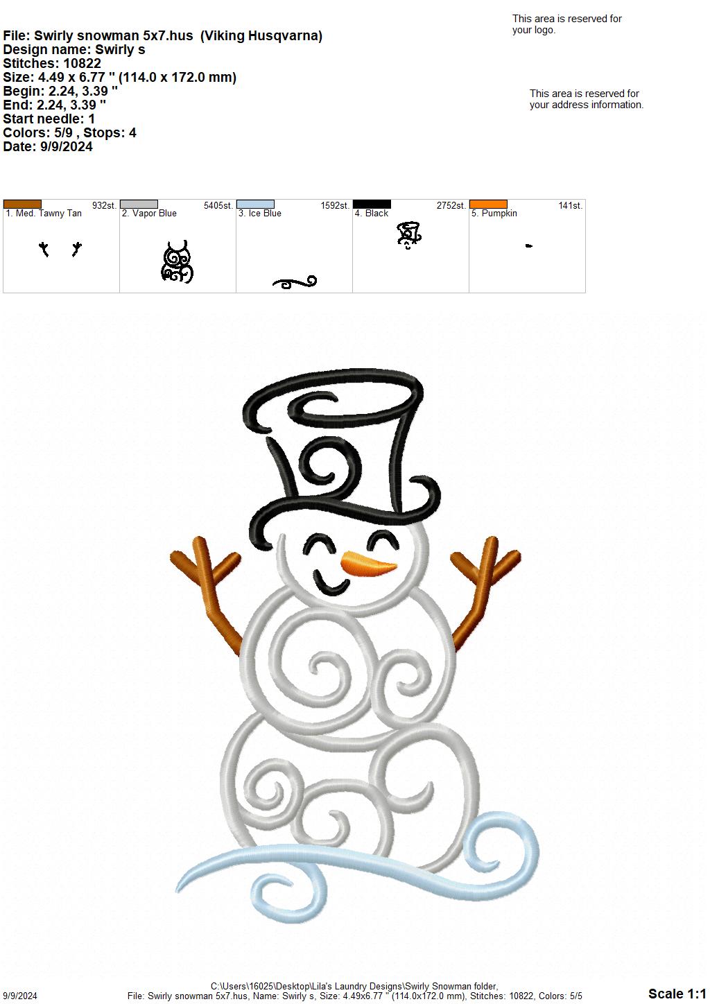 Swirly Snowman - 4 Sizes - Digital Embroidery Design