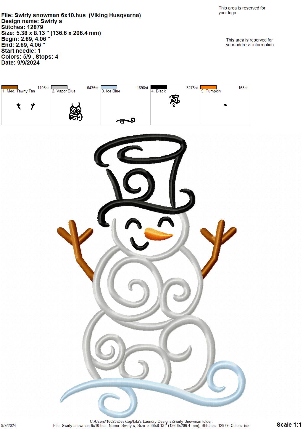 Swirly Snowman - 4 Sizes - Digital Embroidery Design