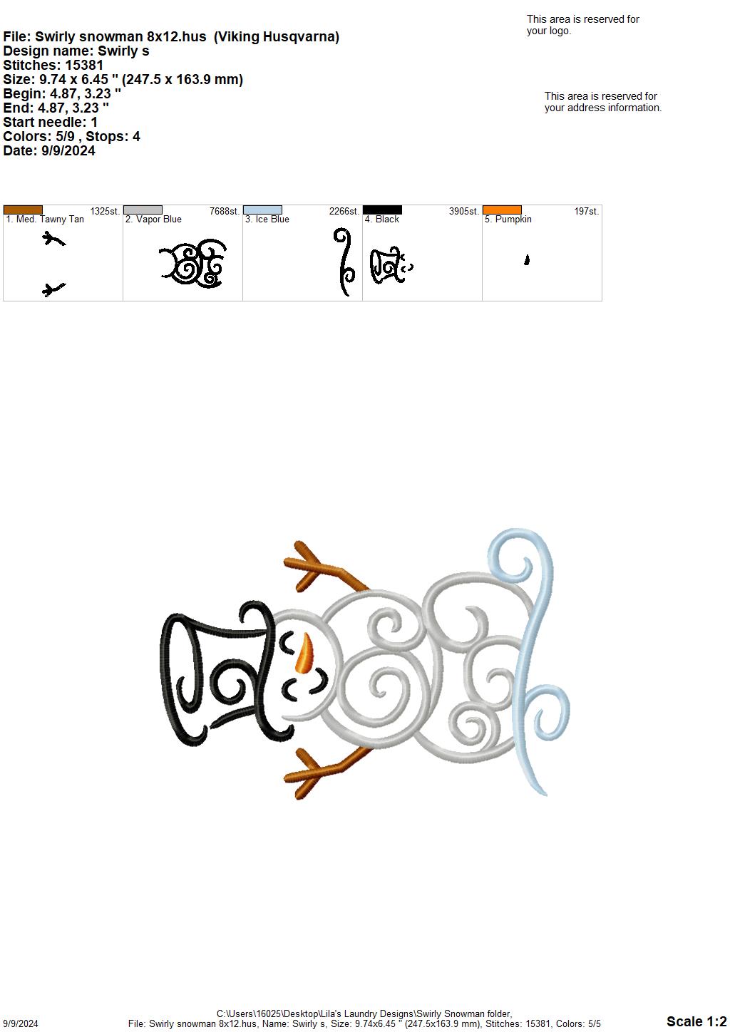 Swirly Snowman - 4 Sizes - Digital Embroidery Design