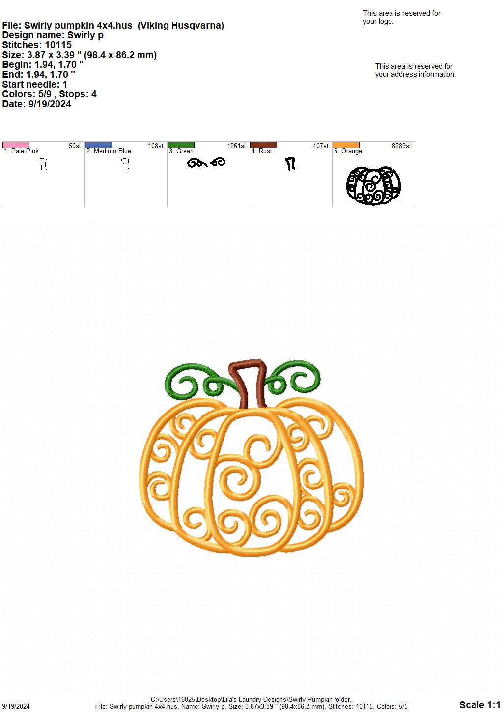 Swirly Pumpkin - 4 Sizes - Digital Embroidery Design