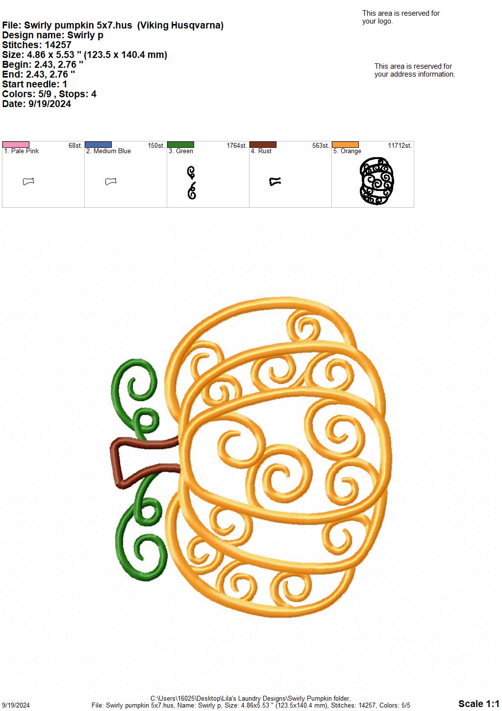 Swirly Pumpkin - 4 Sizes - Digital Embroidery Design