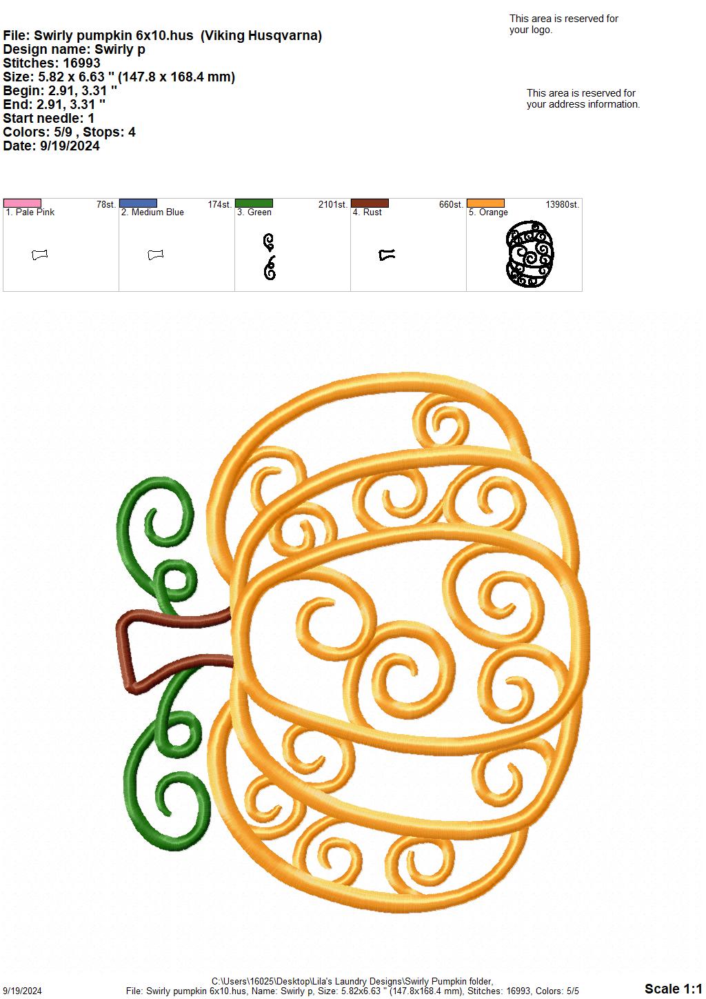 Swirly Pumpkin - 4 Sizes - Digital Embroidery Design