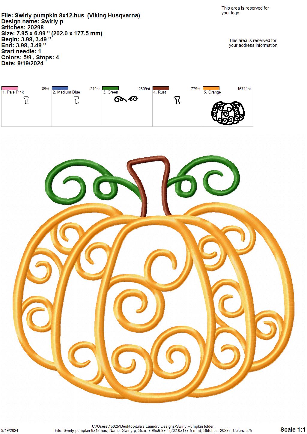 Swirly Pumpkin - 4 Sizes - Digital Embroidery Design