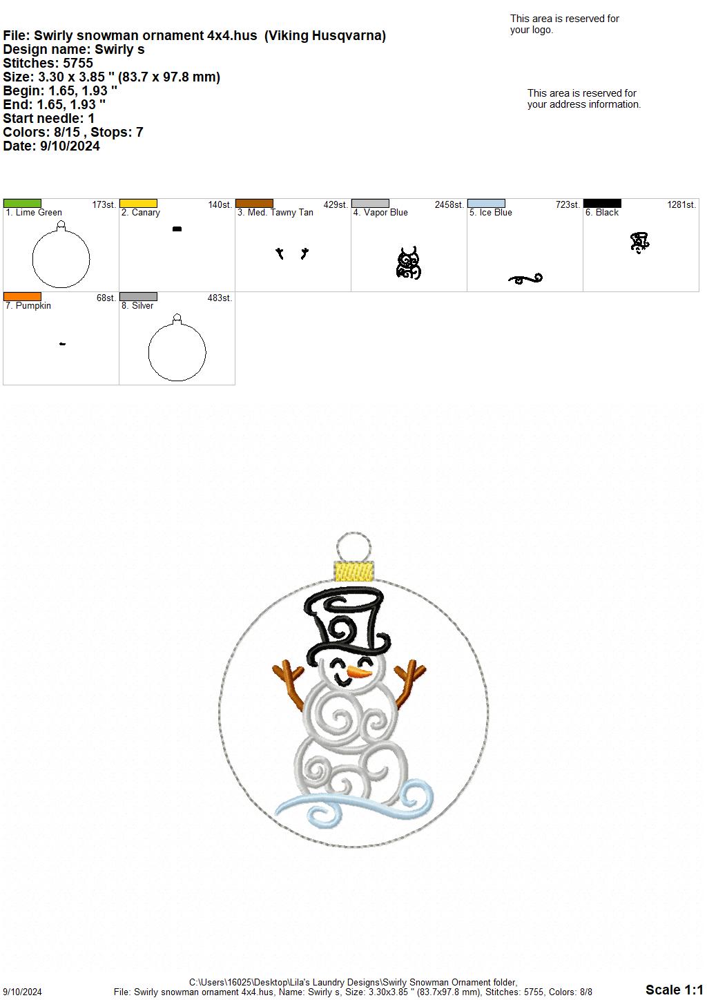 Swirly Snowman Ornament - 4x4 - Digital Embroidery Design