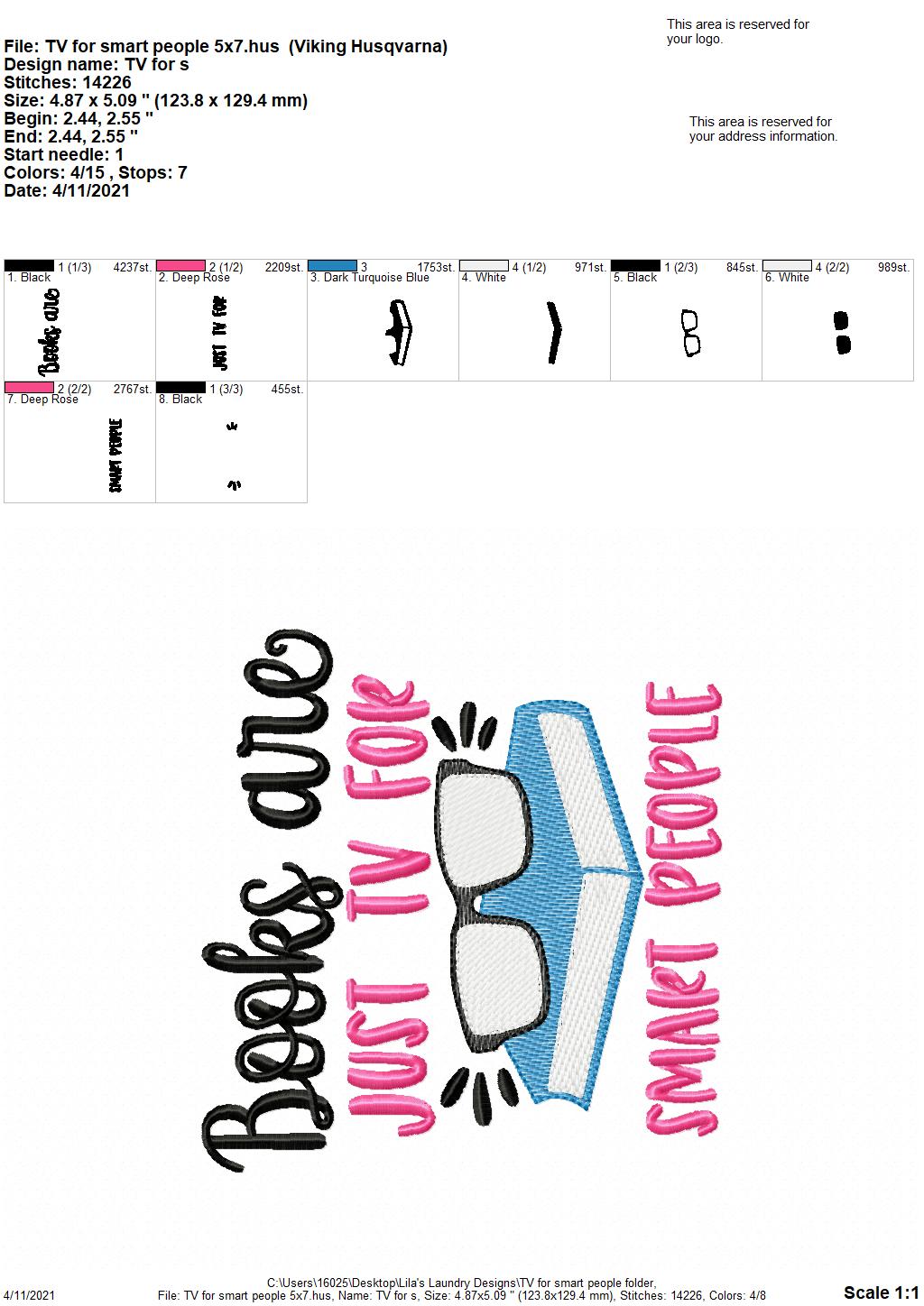 TV for smart people - 3 sizes- Digital Embroidery Design