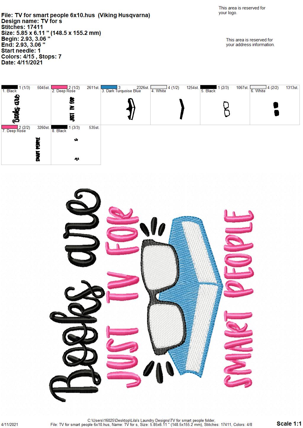 TV for smart people - 3 sizes- Digital Embroidery Design