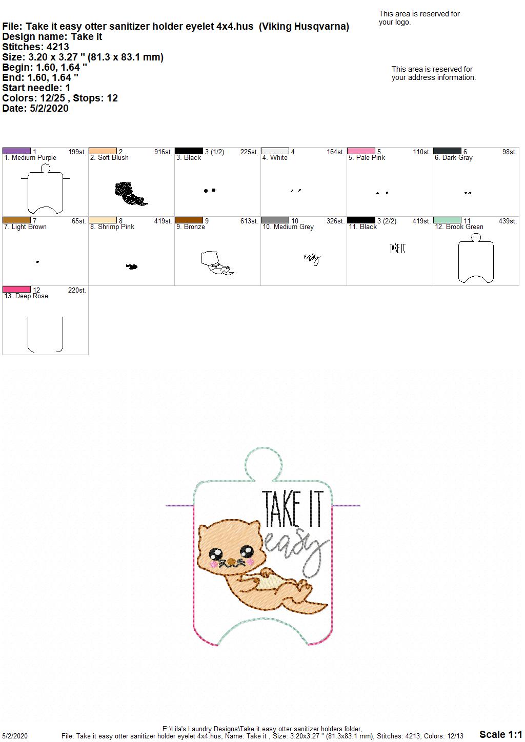 Take it easy Otter Sanitizer Holders - DIGITAL Embroidery DESIGN