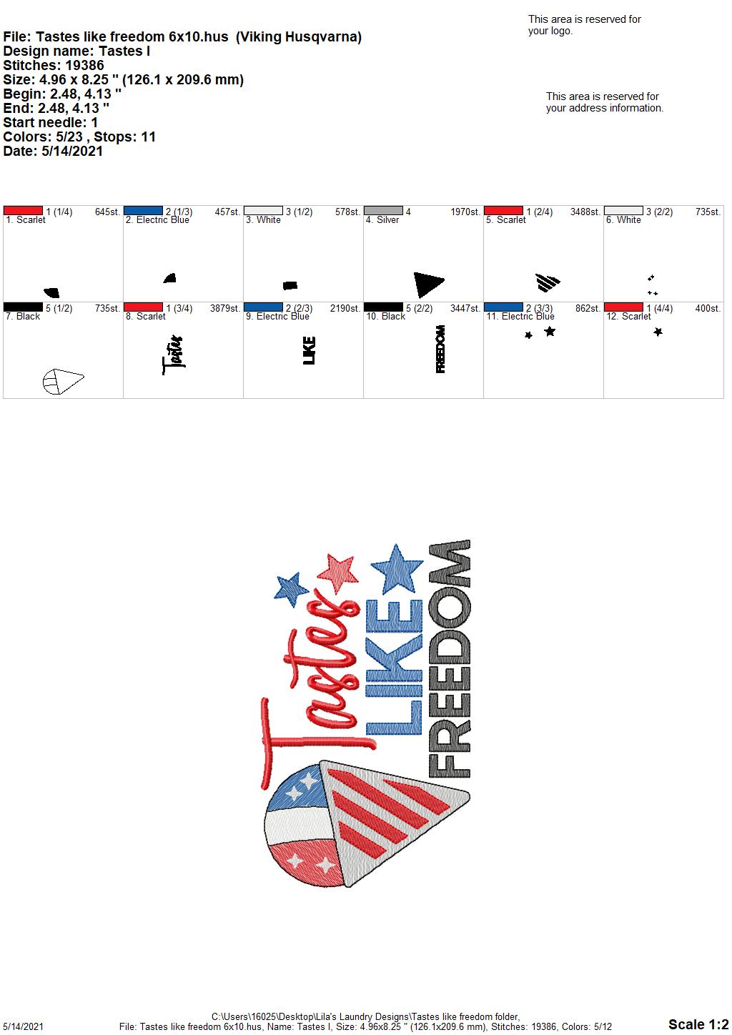 Tastes Like Freedom - 3 sizes- Digital Embroidery Design