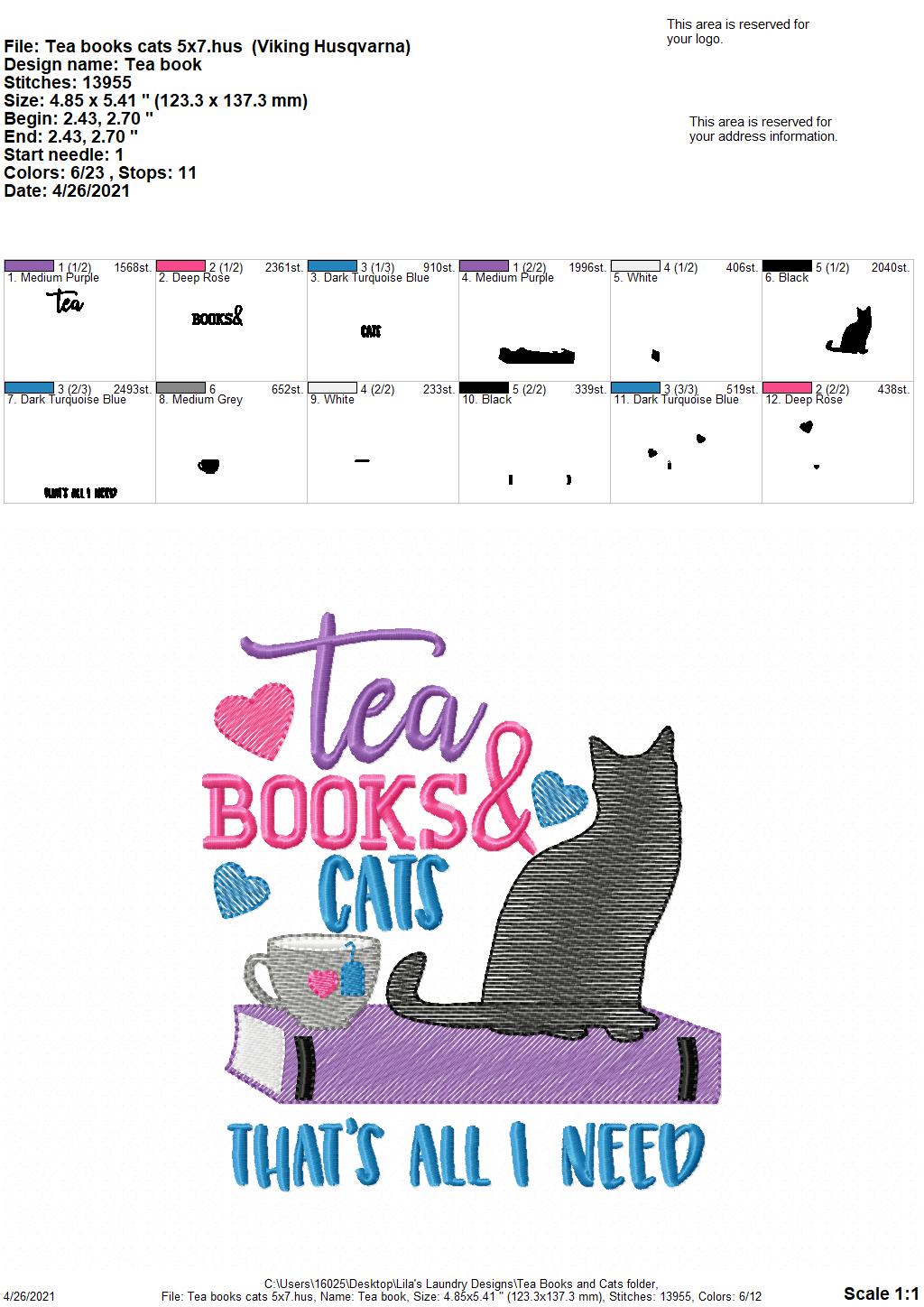 Tea Books Cats - 3 sizes- Digital Embroidery Design