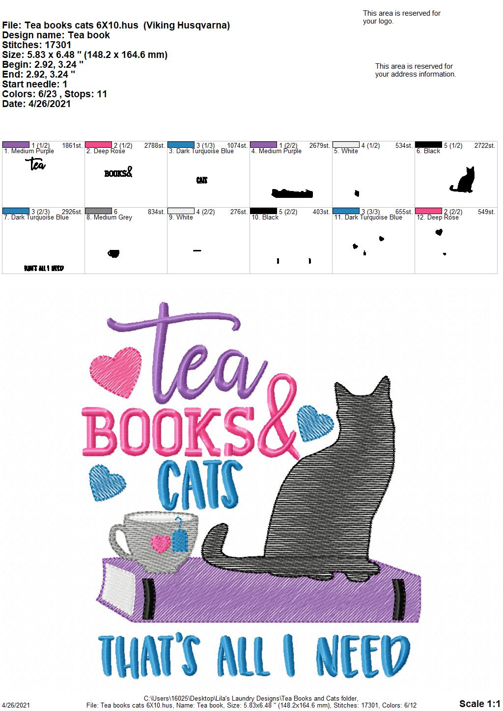 Tea Books Cats - 3 sizes- Digital Embroidery Design