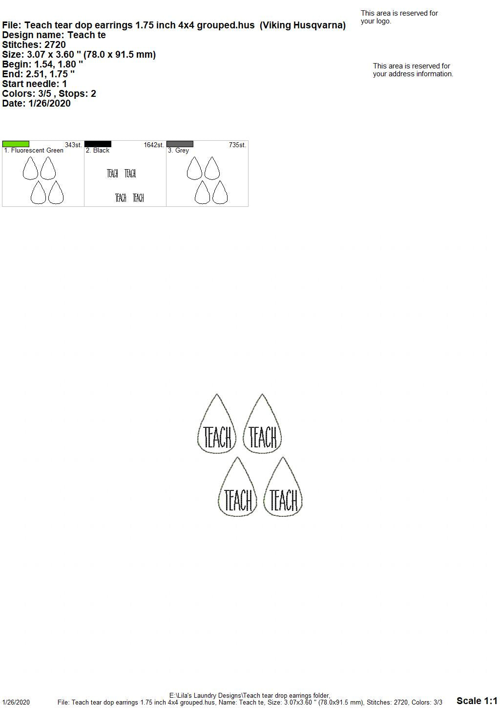 Teach Tear Drop Earrings - 3 sizes - Digital Embroidery Design