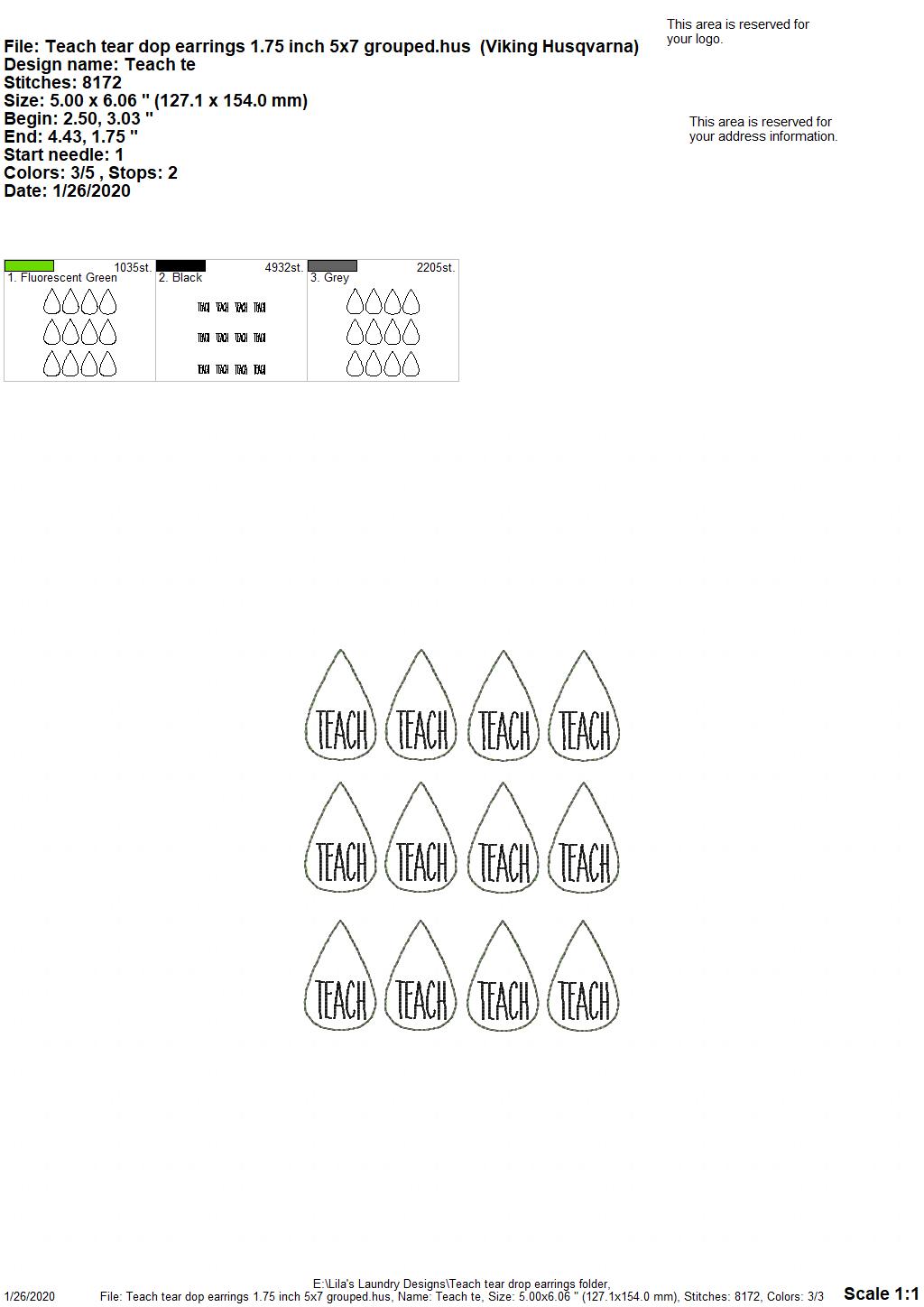 Teach Tear Drop Earrings - 3 sizes - Digital Embroidery Design