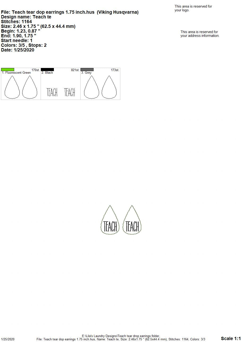 Teach Tear Drop Earrings - 3 sizes - Digital Embroidery Design