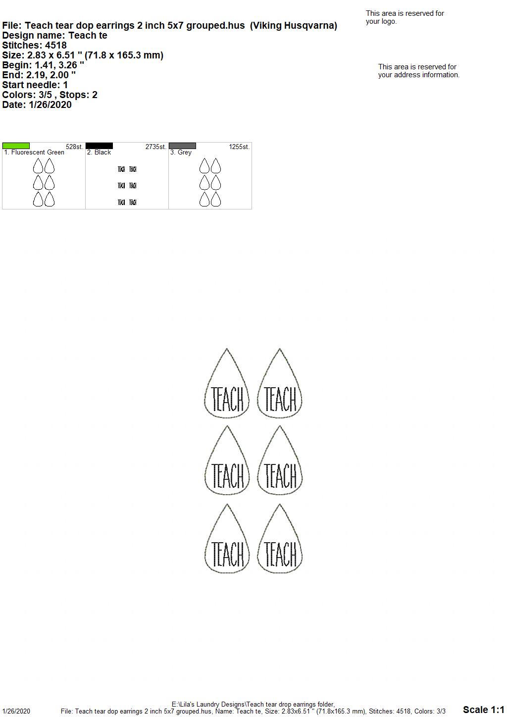 Teach Tear Drop Earrings - 3 sizes - Digital Embroidery Design