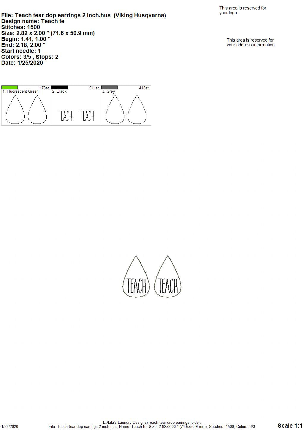 Teach Tear Drop Earrings - 3 sizes - Digital Embroidery Design