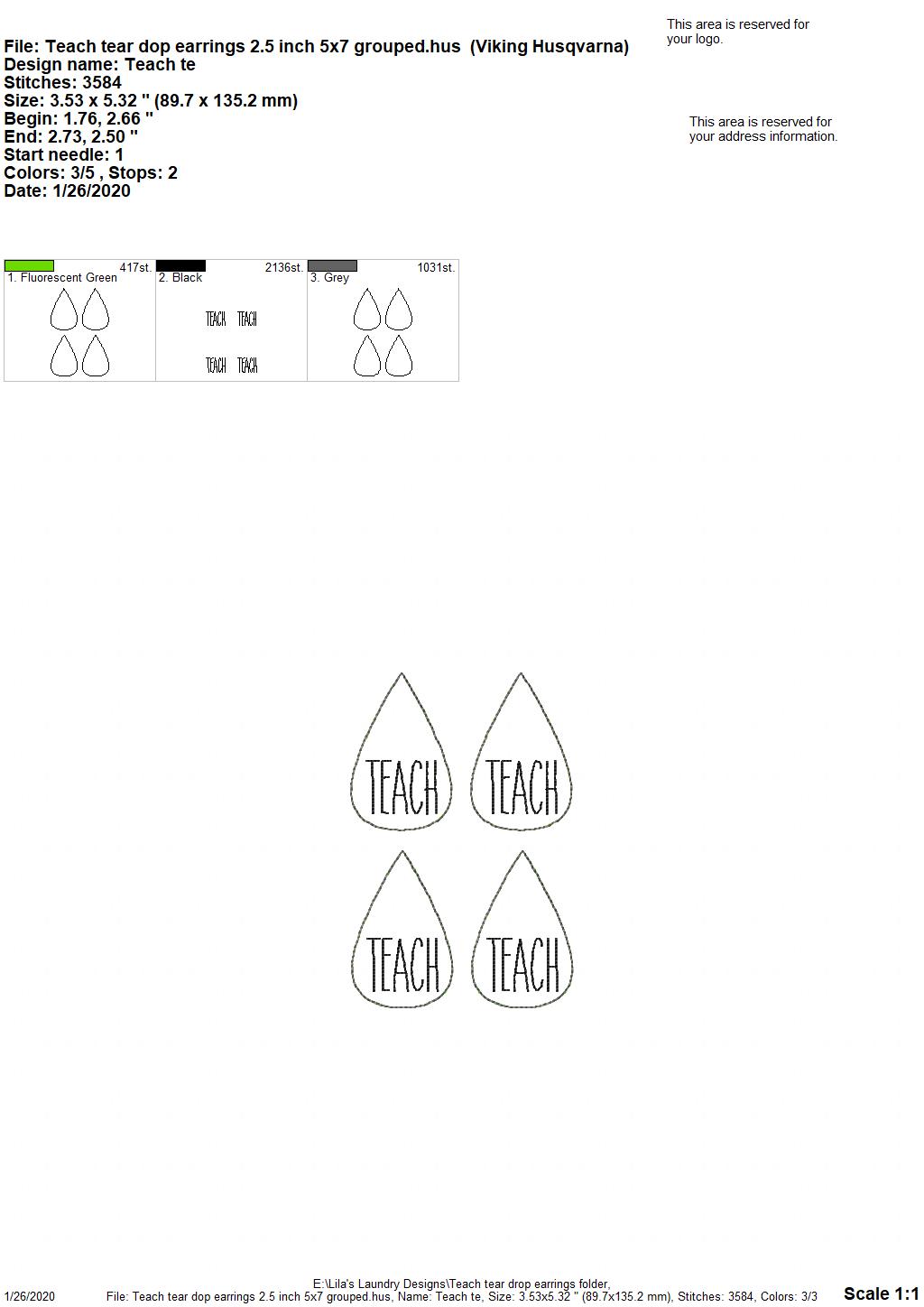 Teach Tear Drop Earrings - 3 sizes - Digital Embroidery Design