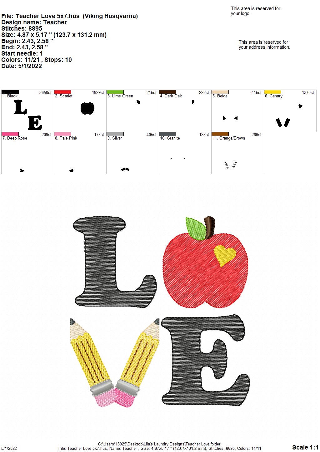 Teacher Love - 3 sizes- Digital Embroidery Design