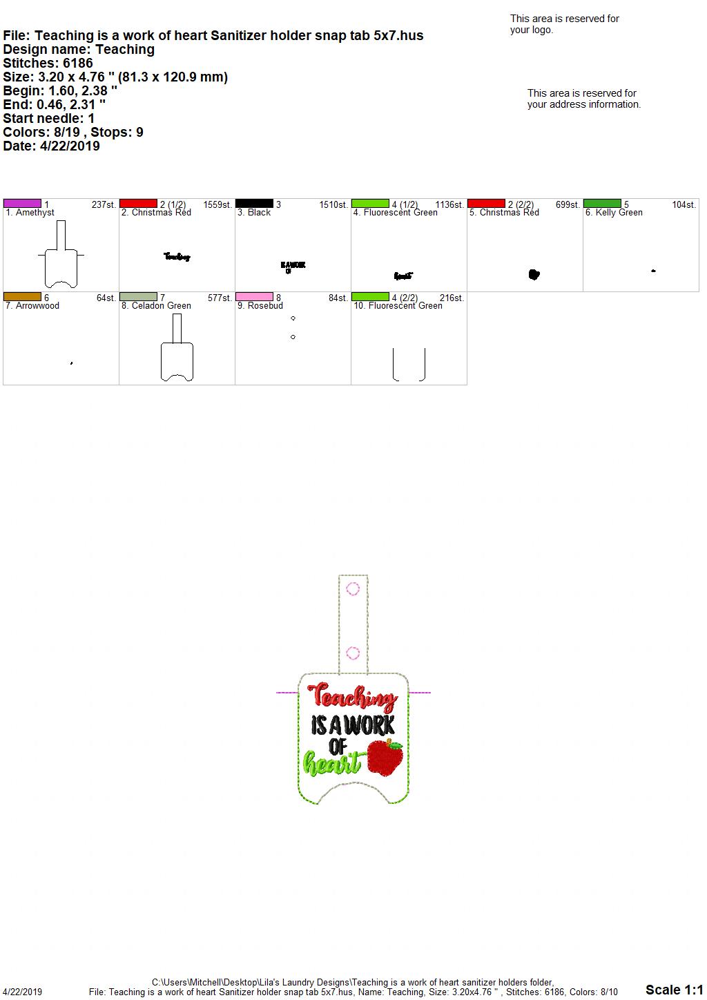 Teaching is a Work of Heart Sanitizer Holders - DIGITAL Embroidery DESIGN