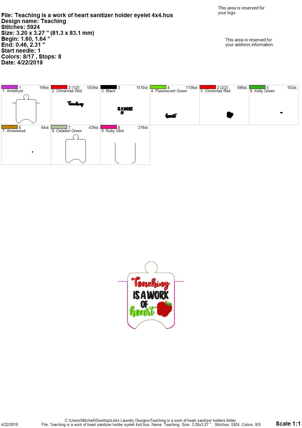 Teaching is a Work of Heart Sanitizer Holders - DIGITAL Embroidery DESIGN