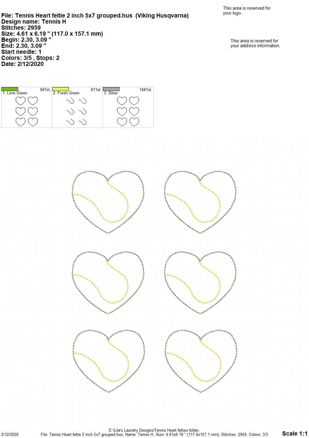 Tennis Heart Felties - 3 sizes - Digital Embroidery Design