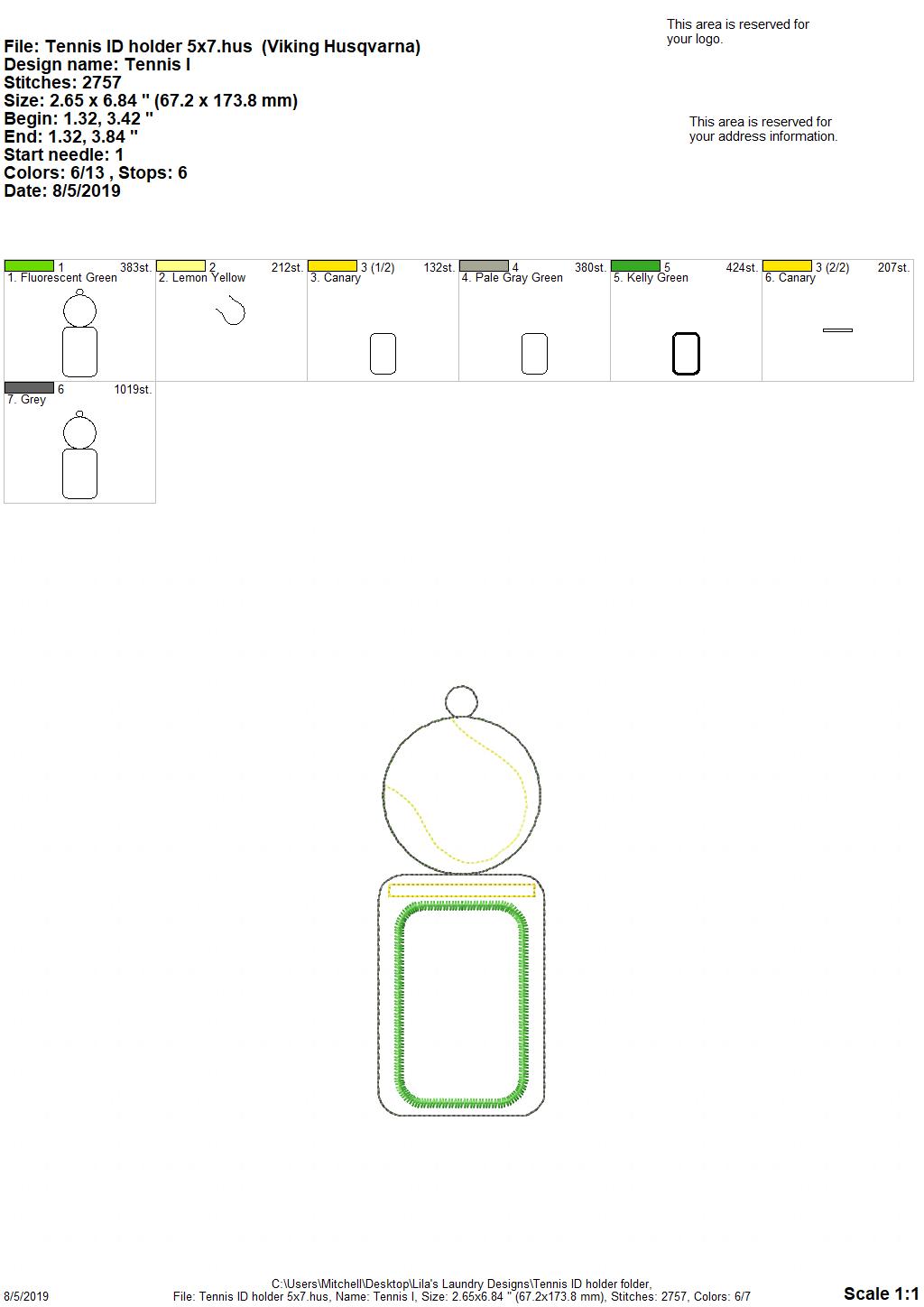 Tennis ID Holder luggage Tag 5x7 only - Digital Embroidery Design