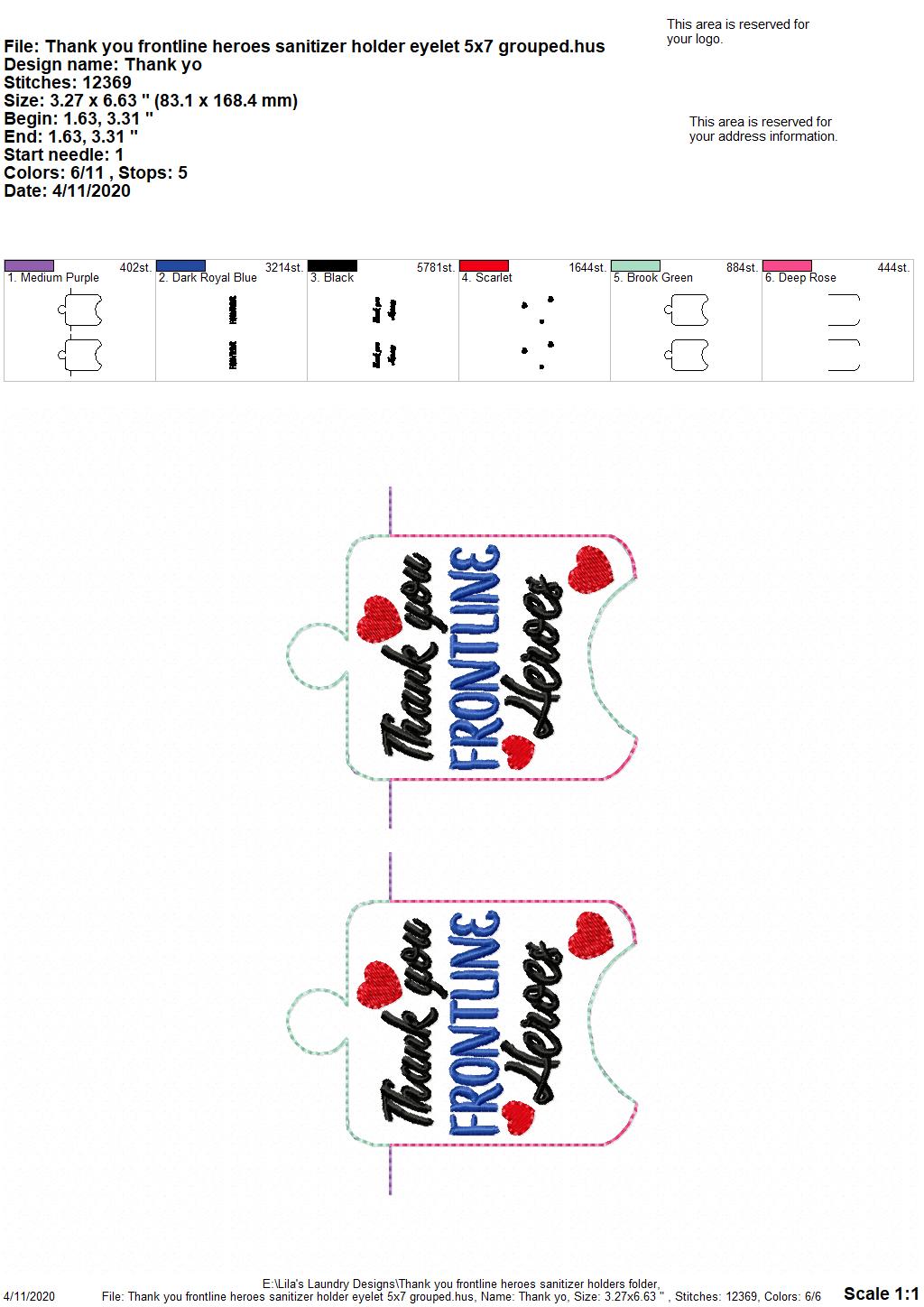 Thank You Frontline Heroes Sanitizer Holders - DIGITAL Embroidery DESIGN