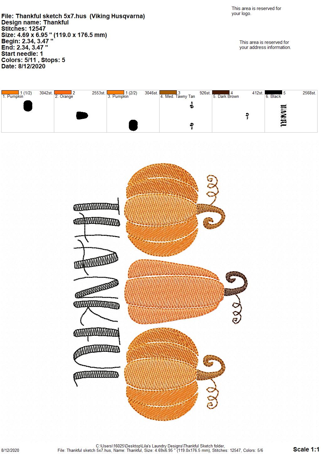 Thankful Sketch - 3 Sizes - Digital Embroidery Design