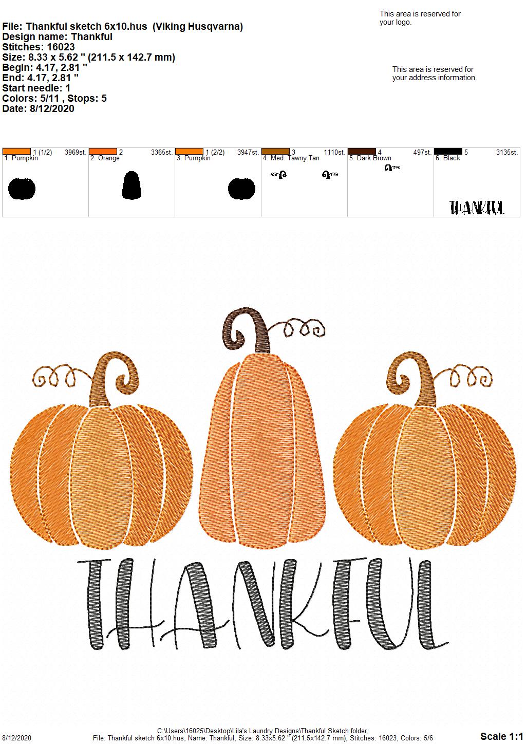 Thankful Sketch - 3 Sizes - Digital Embroidery Design